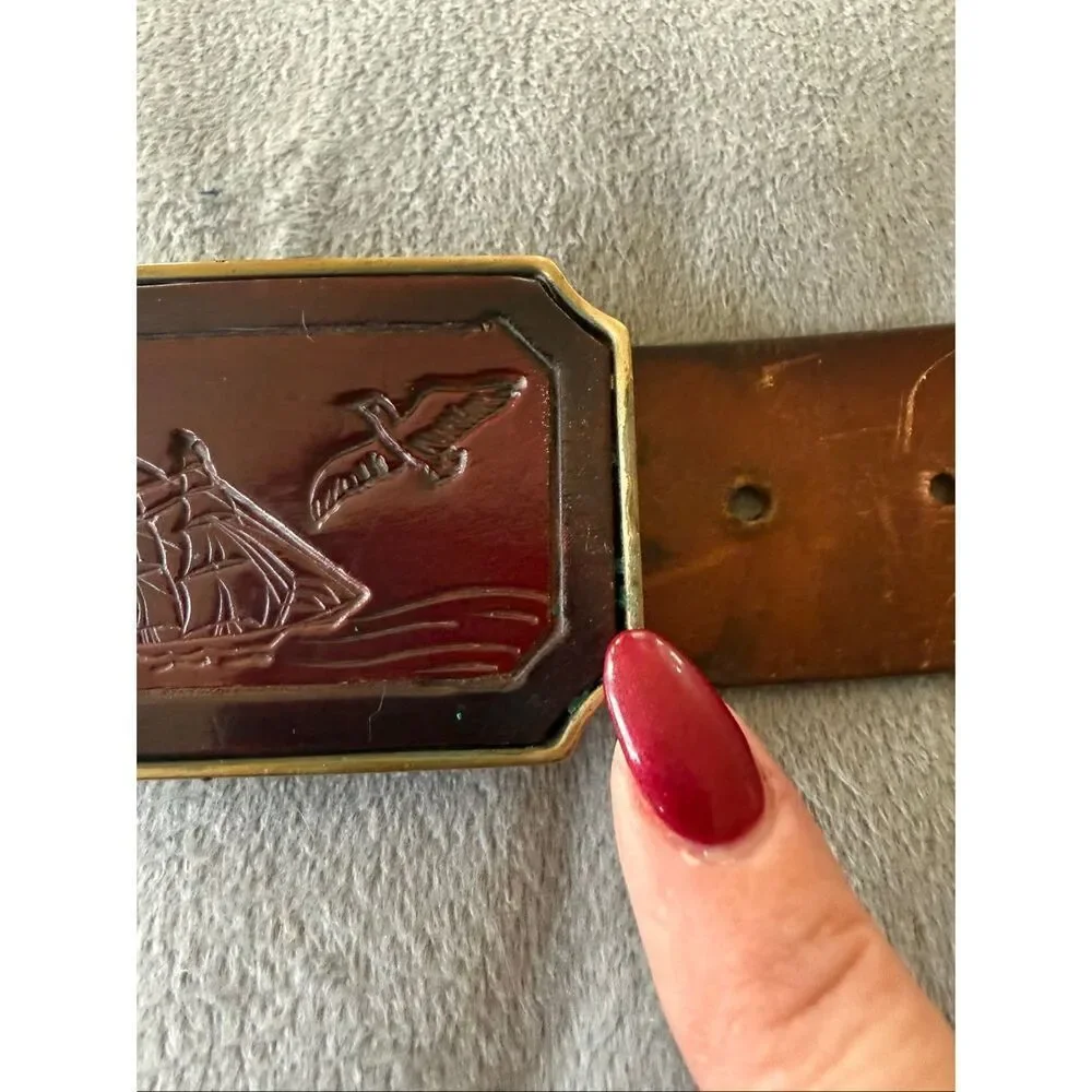 BTS Vintage Brass & Leather Nautical Themed Belt Buckle & Belt sz 30-34”